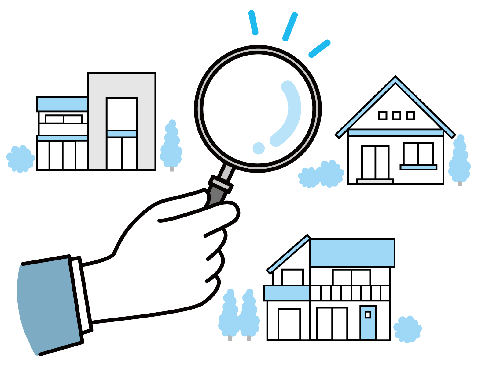 不動産のイラストと虫眼鏡のイラスト