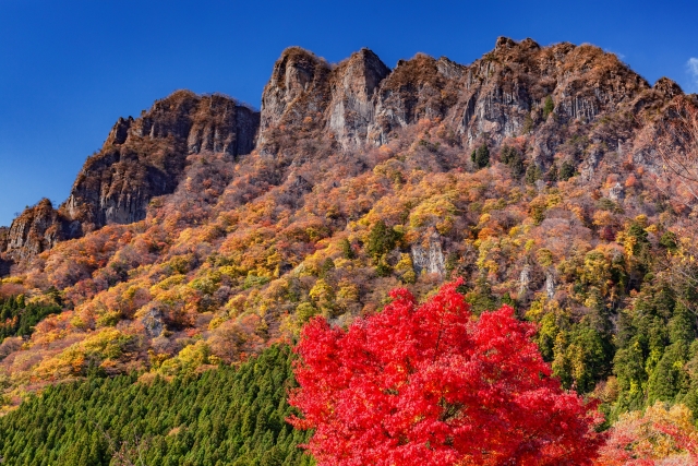 岩が険しくごつごつした形が特徴的な妙義山の写真